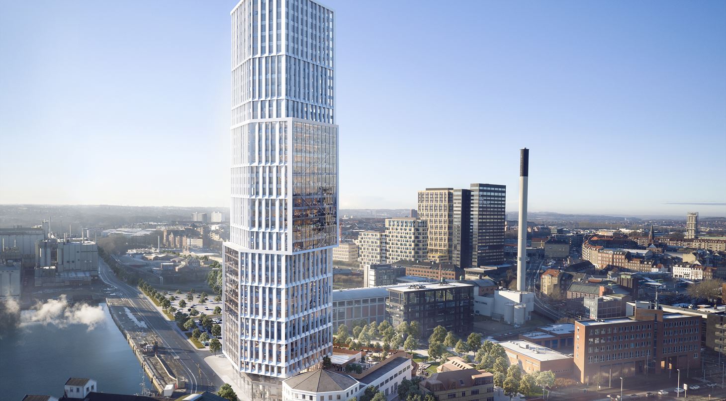Billedet viser en illustration af en høj bygning. Skal krediteres C.F. Møller Architects når brugt